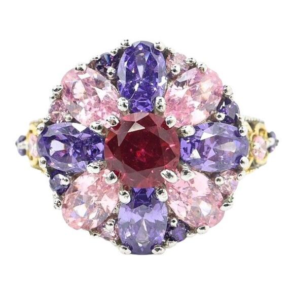 STS Karis Statement Cocktail Ring Silvertone Cluster Crystal Purple Pink Size 7 - Picture 1 of 6